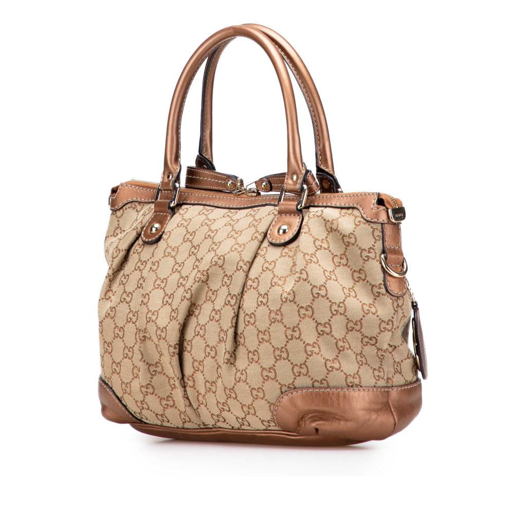 Gucci B Gucci Brown Beige Canvas Fabric GG Sukey Satchel Italy