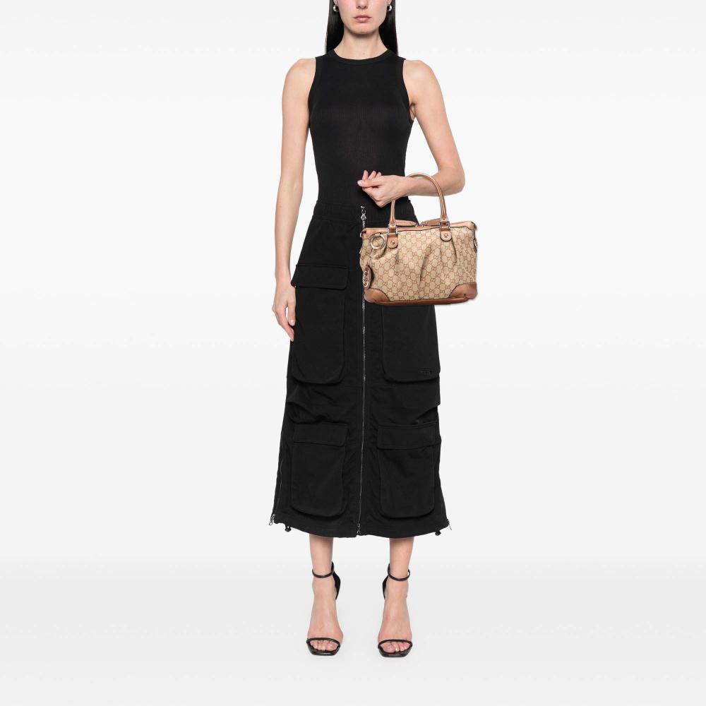 Gucci B Gucci Brown Beige Canvas Fabric GG Sukey Satchel Italy