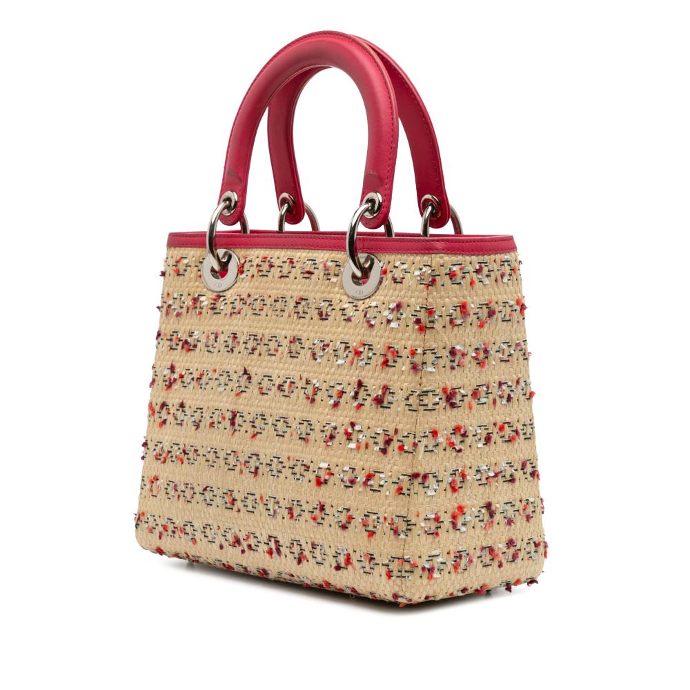 Christian Dior B Dior Brown Beige with Pink Raffia Natural Material Medium Woven Lady Dior Italy