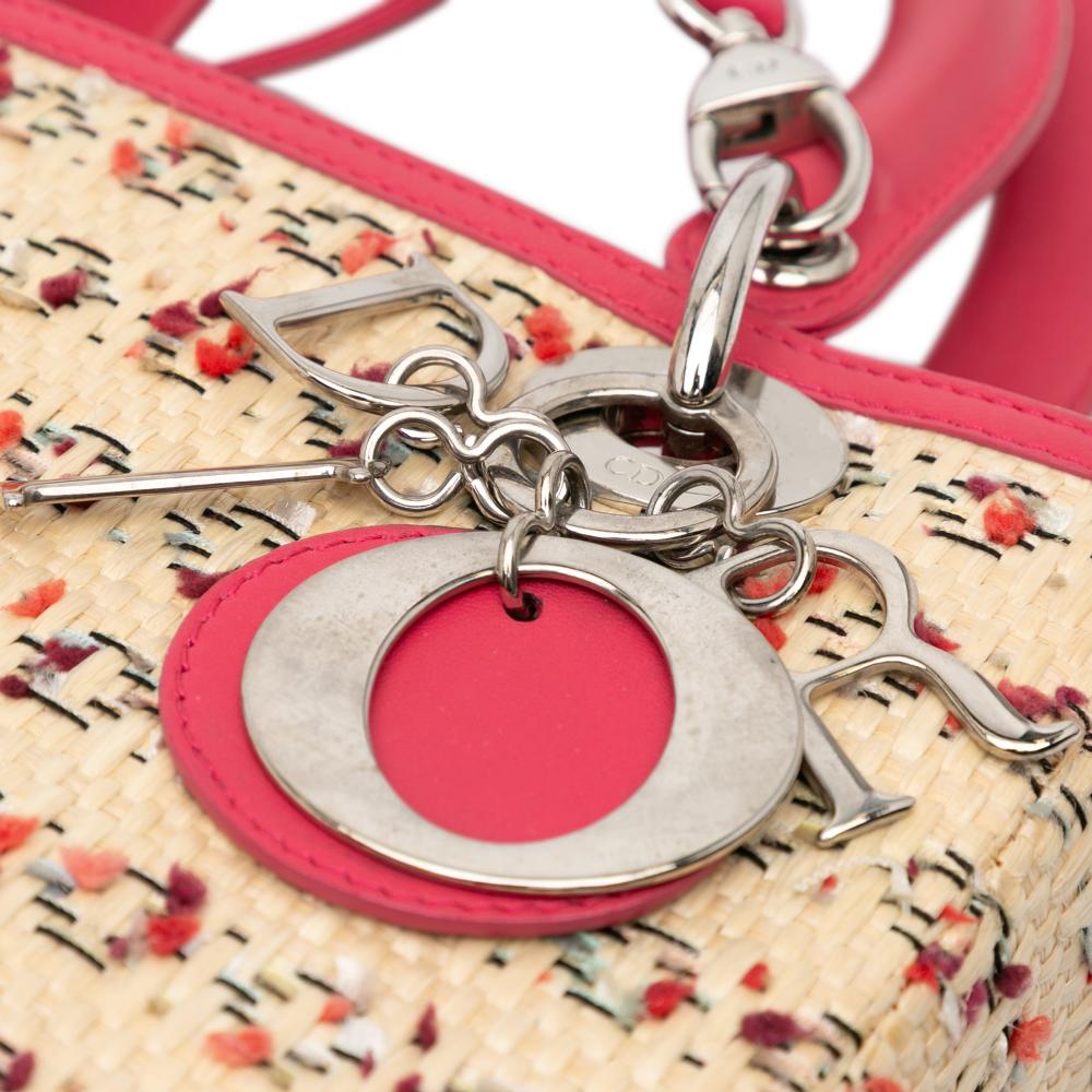 Christian Dior B Dior Brown Beige with Pink Raffia Natural Material Medium Woven Lady Dior Italy