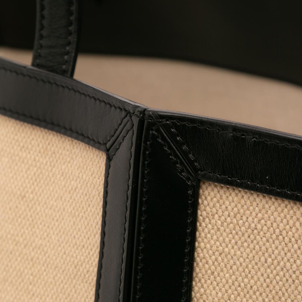 Celine B Celine Brown Beige with Black Canvas Fabric Large Vertical Square Cabas Tote Italy