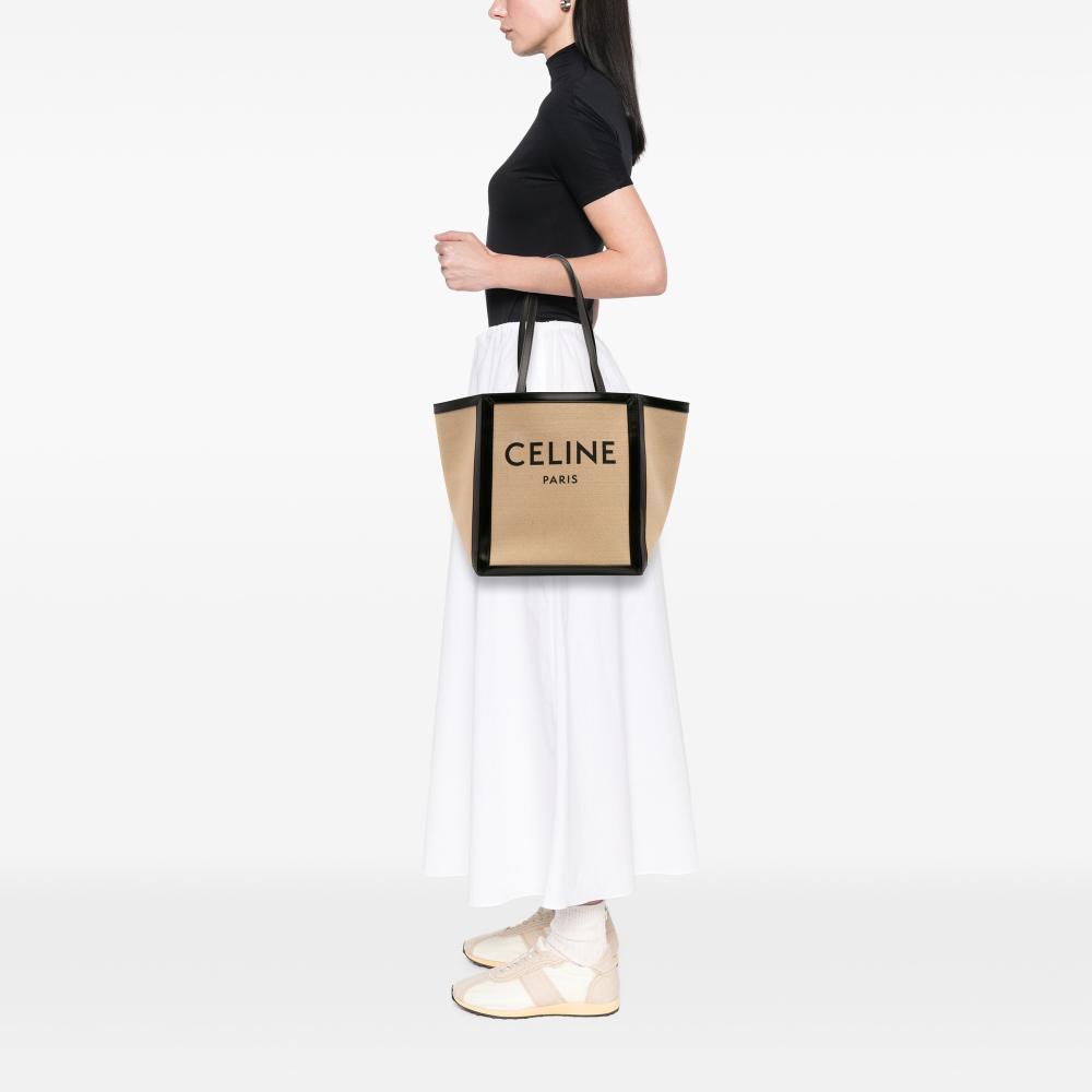 Celine B Celine Brown Beige with Black Canvas Fabric Large Vertical Square Cabas Tote Italy