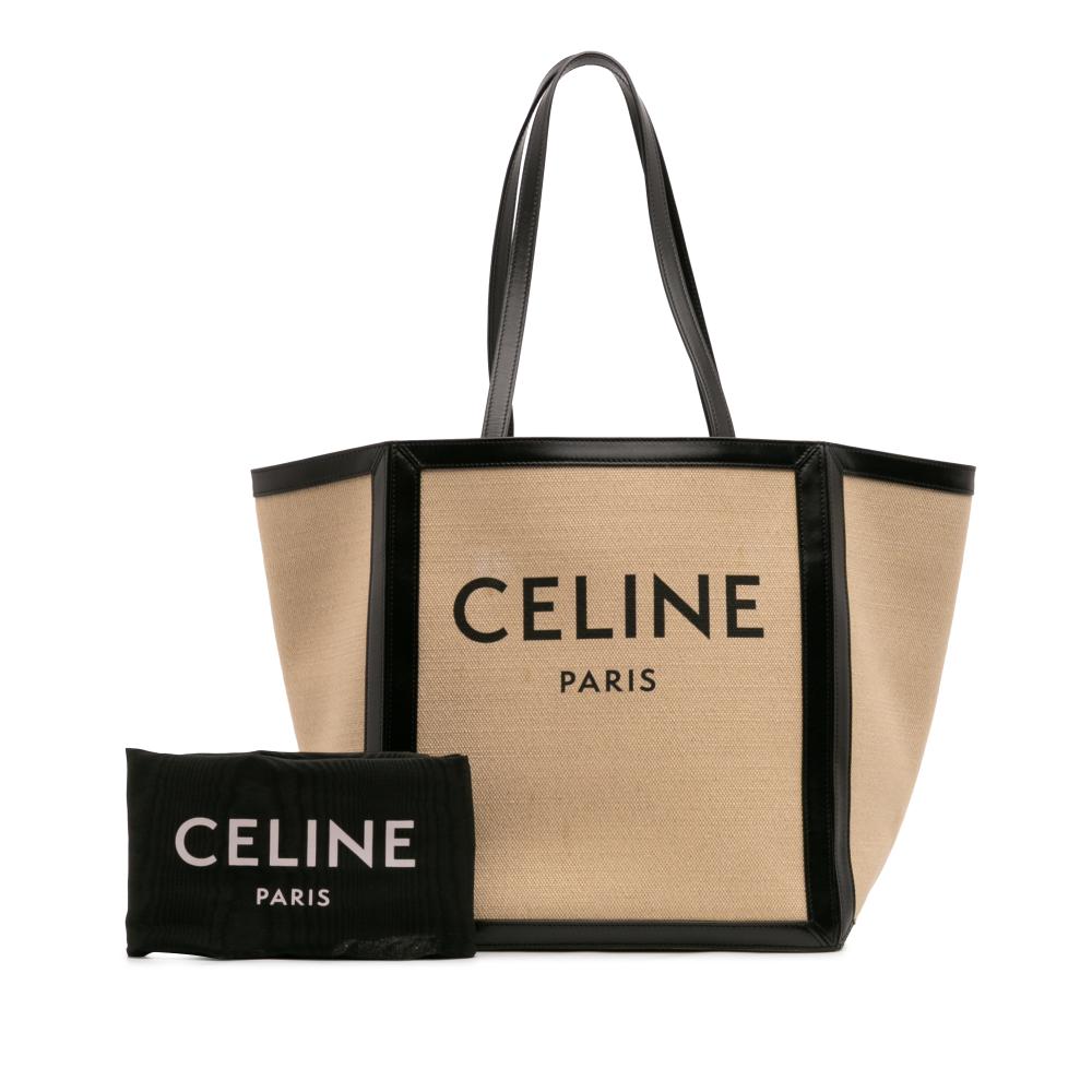 Celine B Celine Brown Beige with Black Canvas Fabric Large Vertical Square Cabas Tote Italy