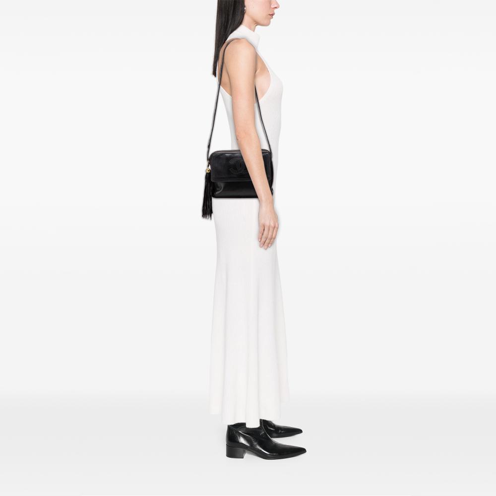 Chanel B Chanel Black Lambskin Leather Leather CC Lambskin Flap Tassel Crossbody Italy