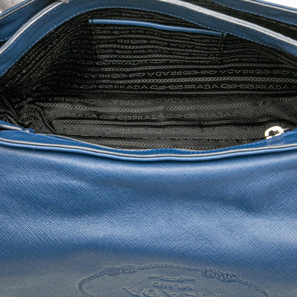 Prada B Prada Blue Saffiano Leather Righe Sound Lock Satchel Italy