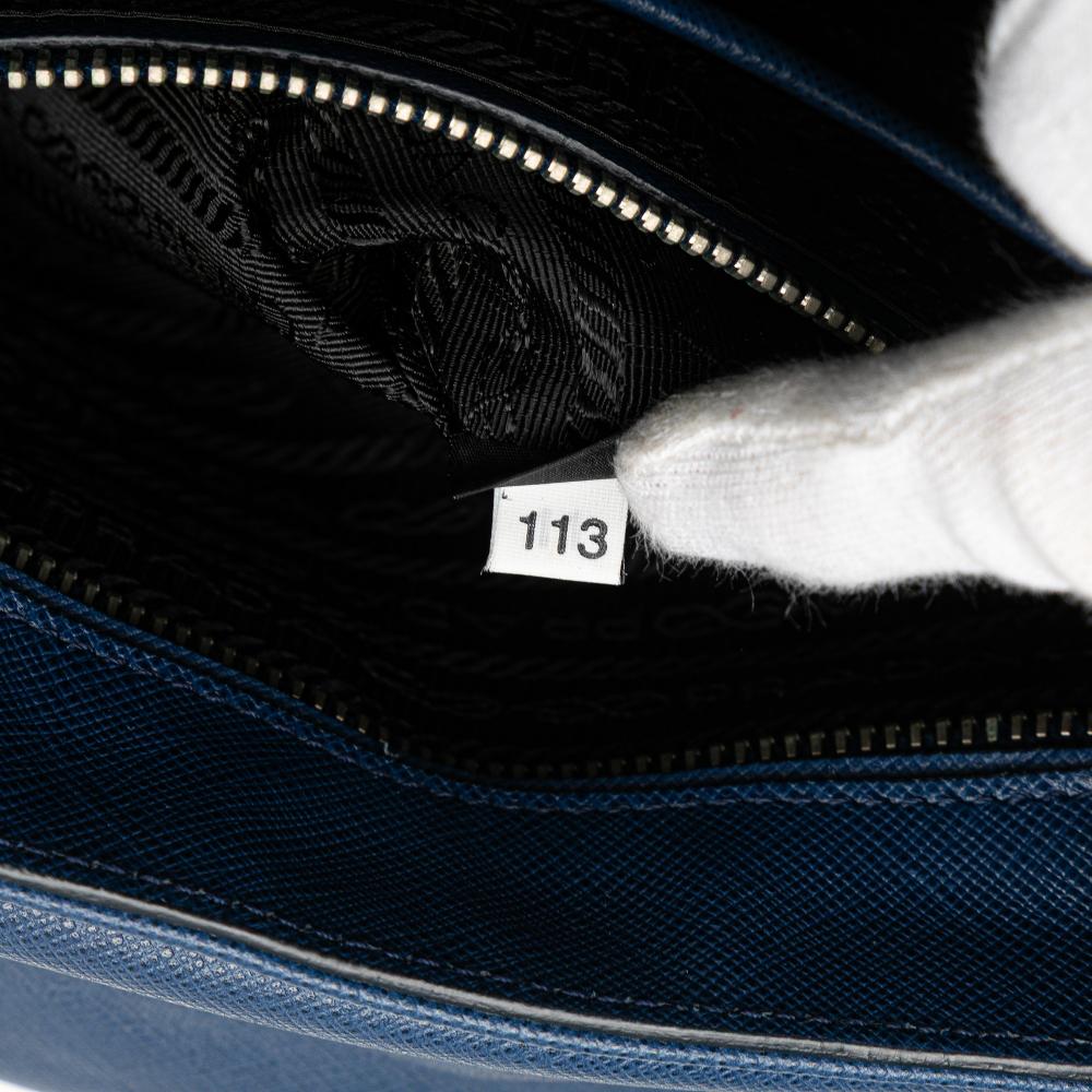 Prada B Prada Blue Saffiano Leather Righe Sound Lock Satchel Italy