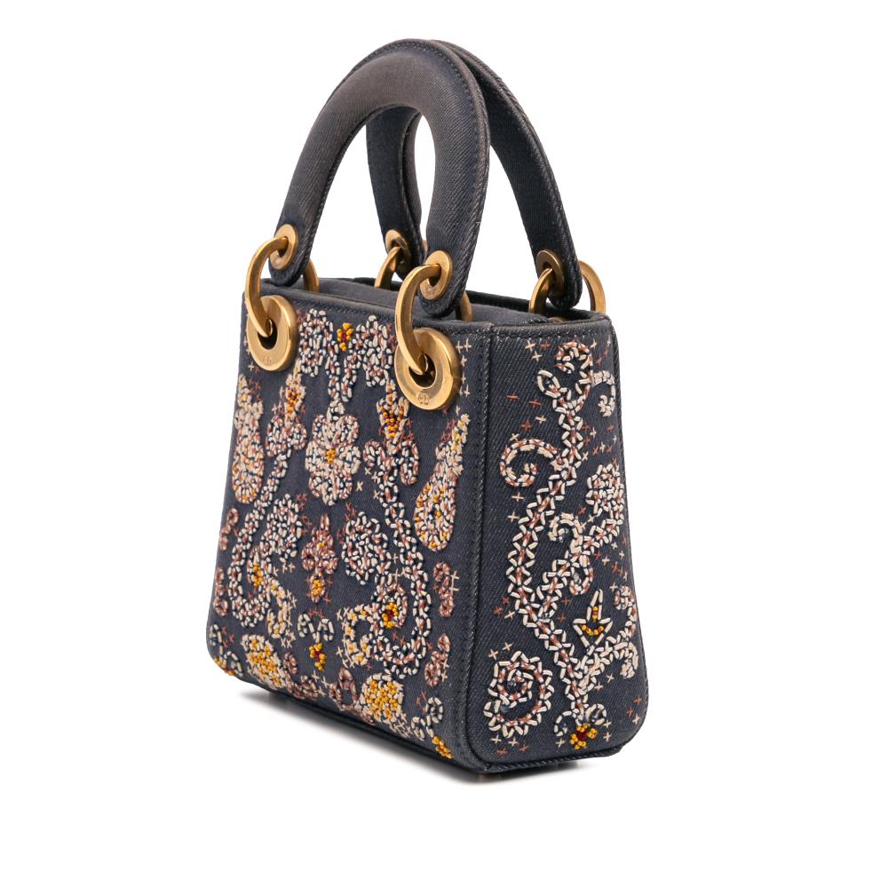 Christian Dior B Dior Blue Denim Fabric Mini Embroidered Lady D Lite Italy