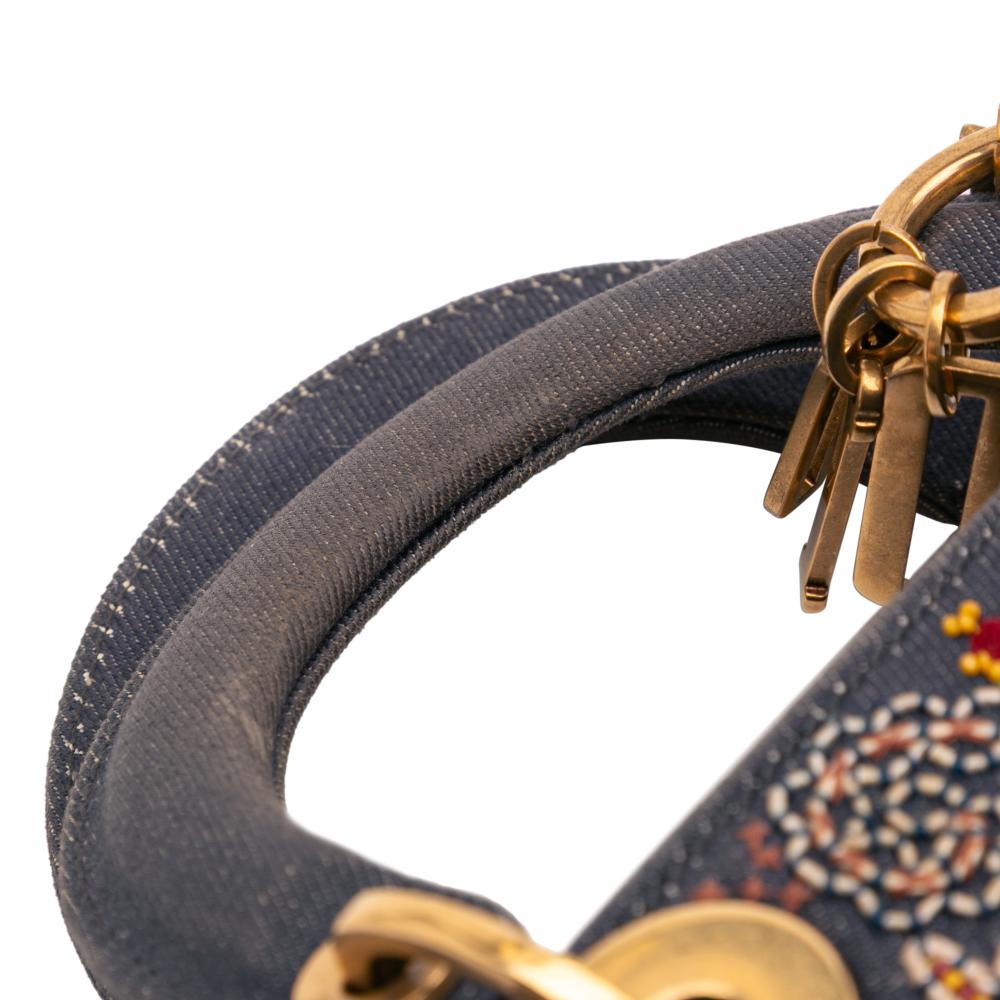 Christian Dior B Dior Blue Denim Fabric Mini Embroidered Lady D Lite Italy