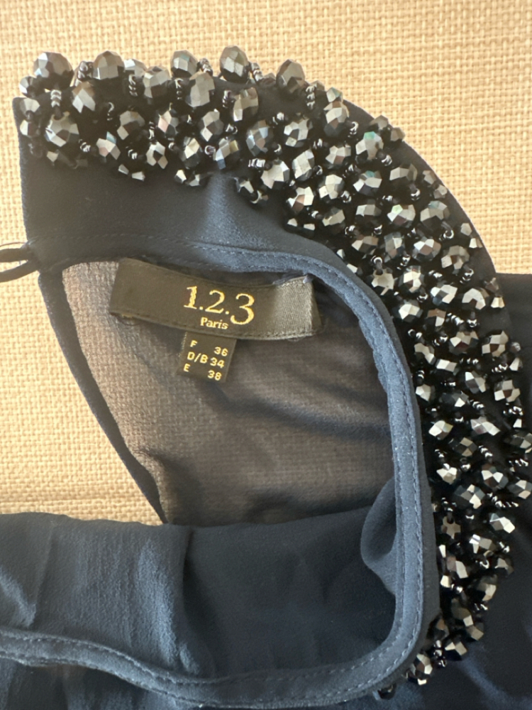 123 Paris Sleeveless navy dress with rhinestone collar