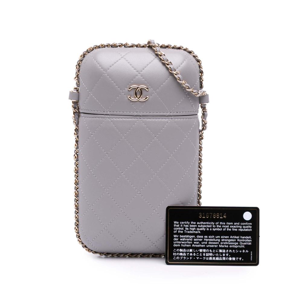 Chanel AB Chanel Gray Lambskin Leather Leather CC Quilted Lambskin Chain Around Phone Holder Italy