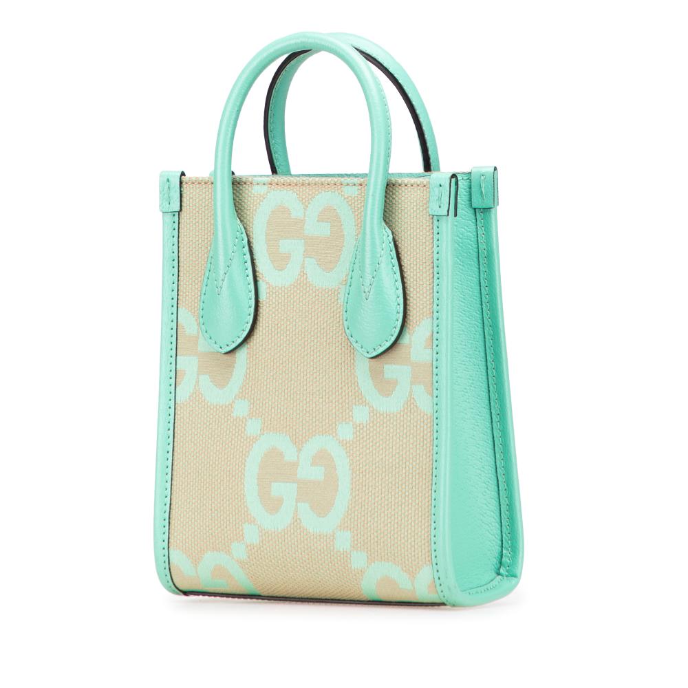 Gucci B Gucci Brown Beige with Green Mint Canvas Fabric Mini Jumbo GG Interlocking G Satchel Italy