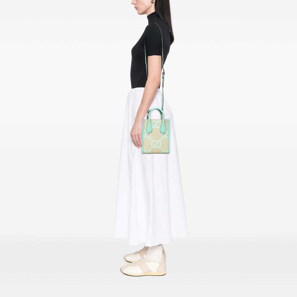 Gucci B Gucci Brown Beige with Green Mint Canvas Fabric Mini Jumbo GG Interlocking G Satchel Italy