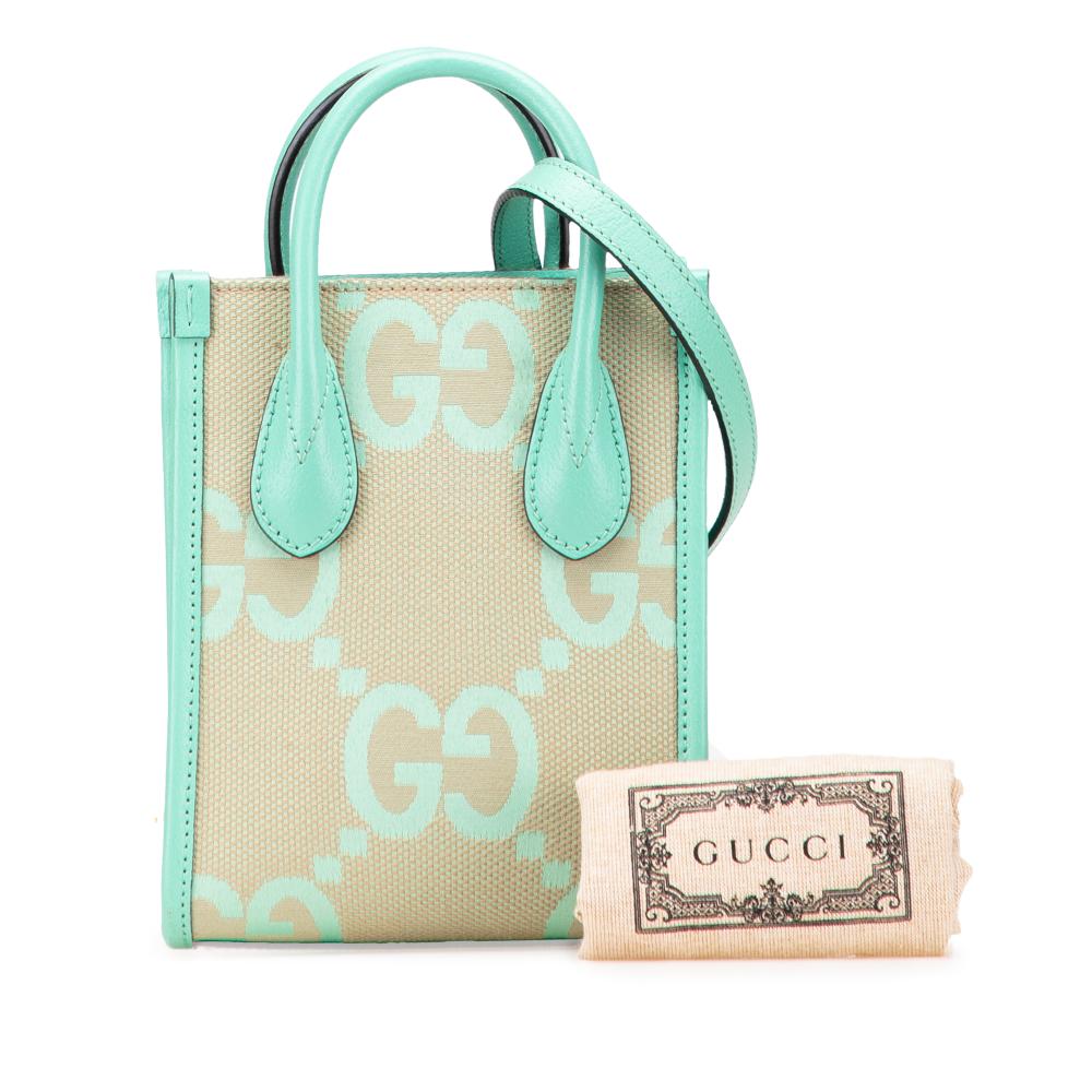 Gucci B Gucci Brown Beige with Green Mint Canvas Fabric Mini Jumbo GG Interlocking G Satchel Italy