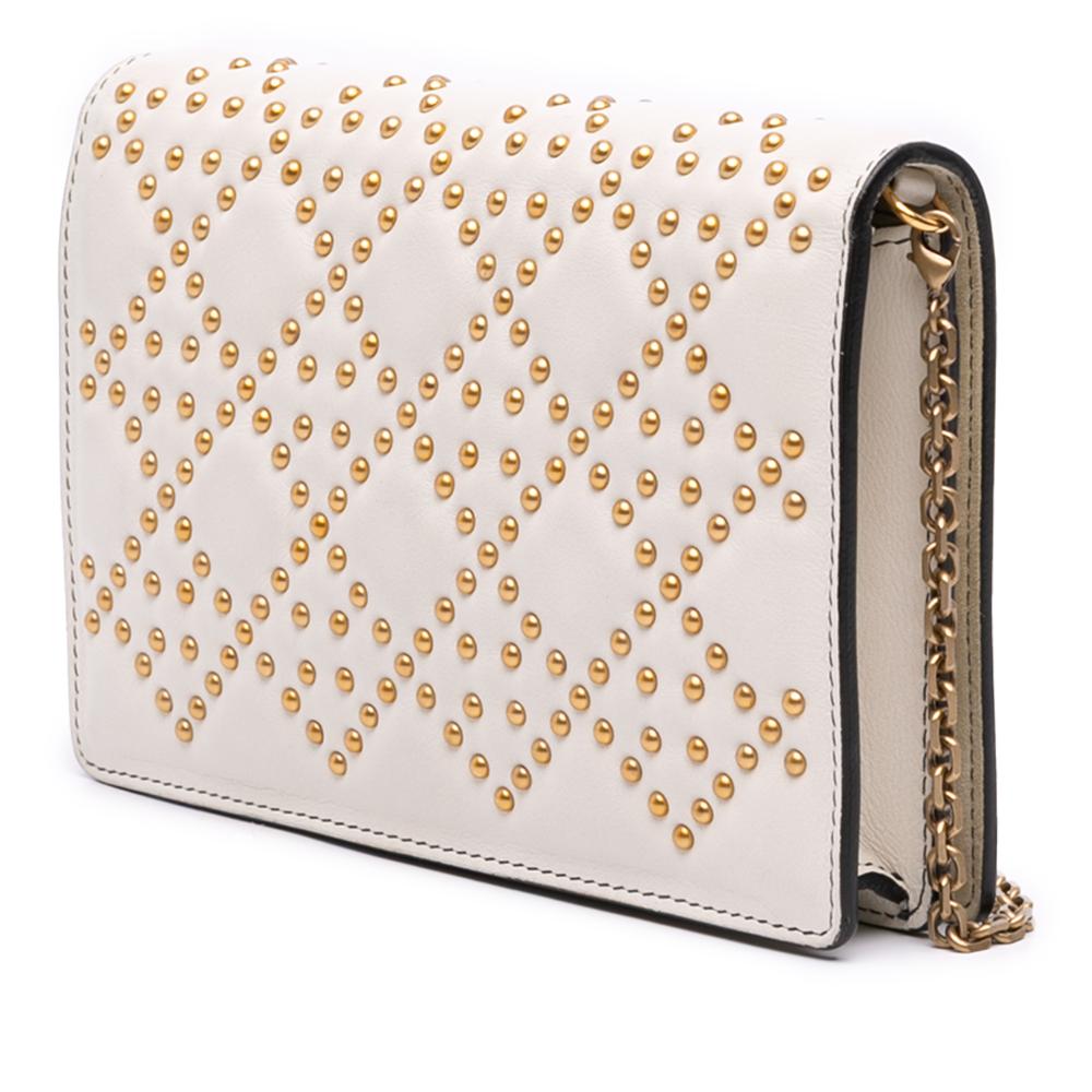 Christian Dior B Dior White Ivory Calf Leather Studded skin Cannage Lady Dior Wallet on Chain Italy