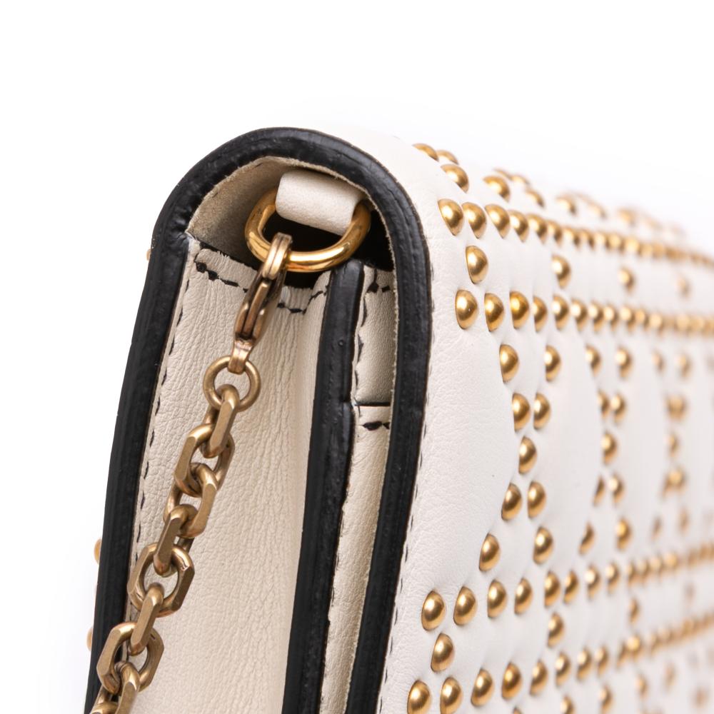 Christian Dior B Dior White Ivory Calf Leather Studded skin Cannage Lady Dior Wallet on Chain Italy