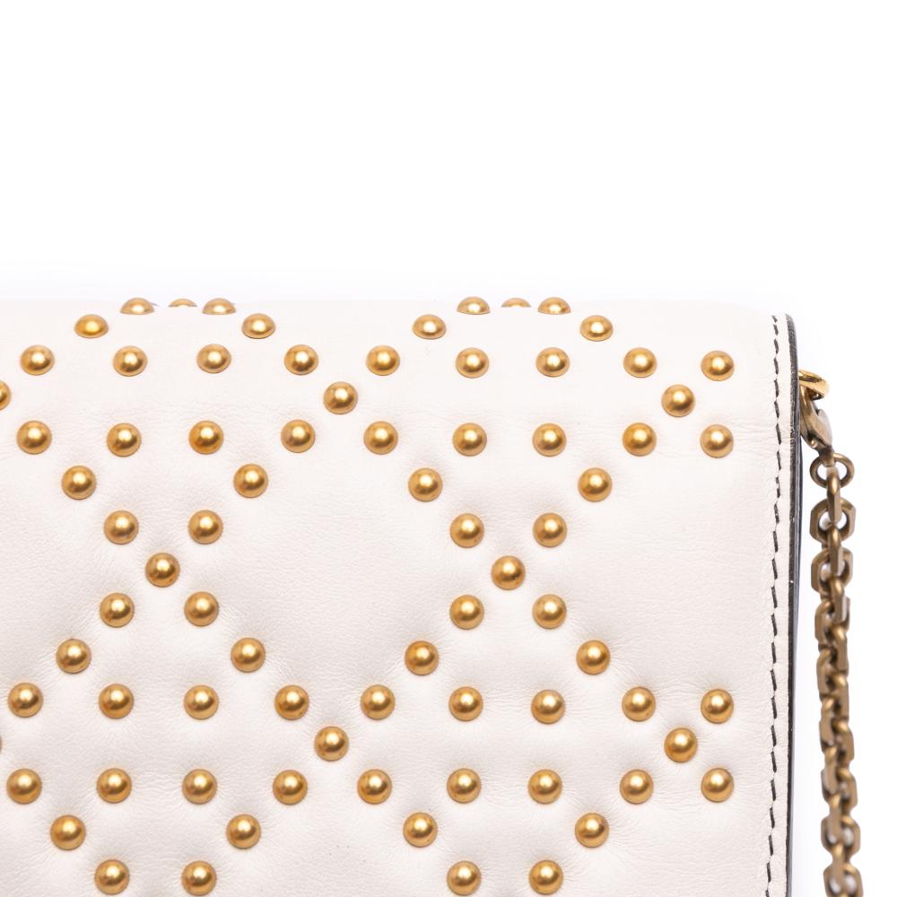 Christian Dior B Dior White Ivory Calf Leather Studded skin Cannage Lady Dior Wallet on Chain Italy