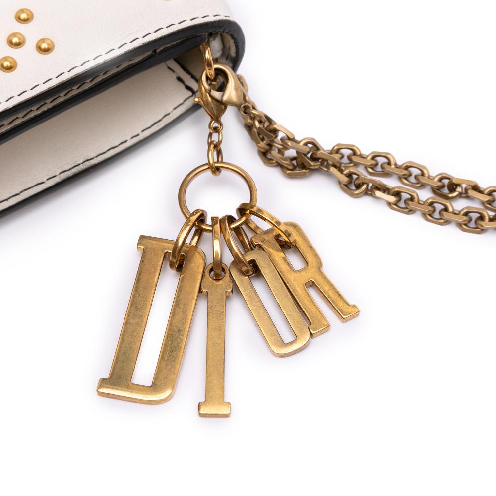Christian Dior B Dior White Ivory Calf Leather Studded skin Cannage Lady Dior Wallet on Chain Italy