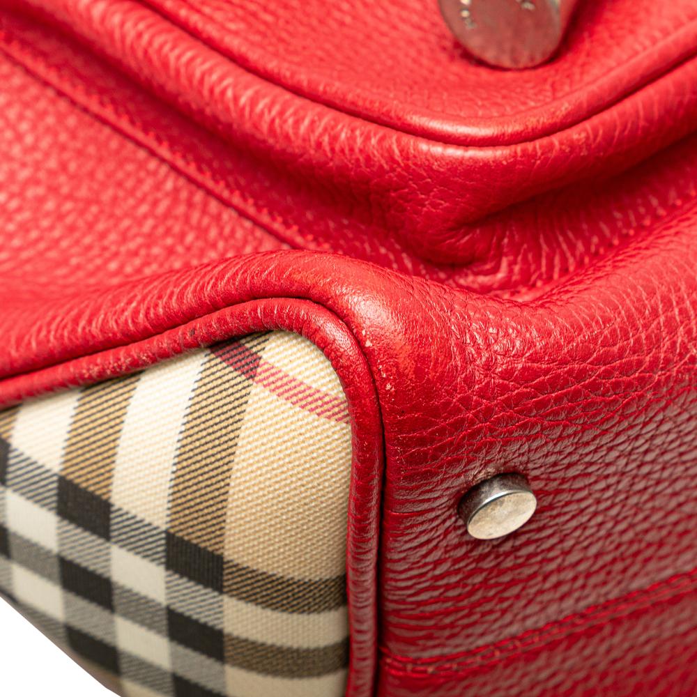 Burberry B Burberry Red Calf Leather House Check Trimmed Grainy skin Horn Toggle Tote Italy