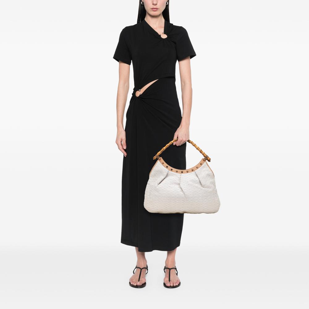 Gucci B Gucci White Calf Leather Woven Bamboo Studded Hobo Italy
