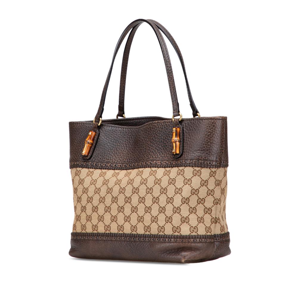 Gucci B Gucci Brown Beige Canvas Fabric GG Laidback Crafty Tote Italy