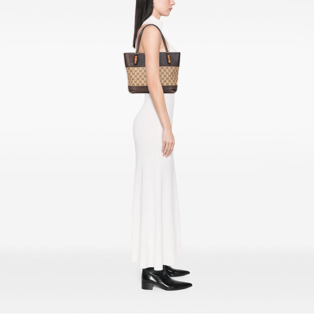 Gucci B Gucci Brown Beige Canvas Fabric GG Laidback Crafty Tote Italy