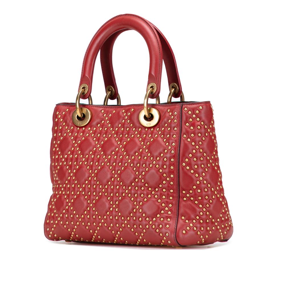 Christian Dior B Dior Red Dark Red Lambskin Leather Leather Medium Lambskin Cannage Studded Supple Lady Dior Italy