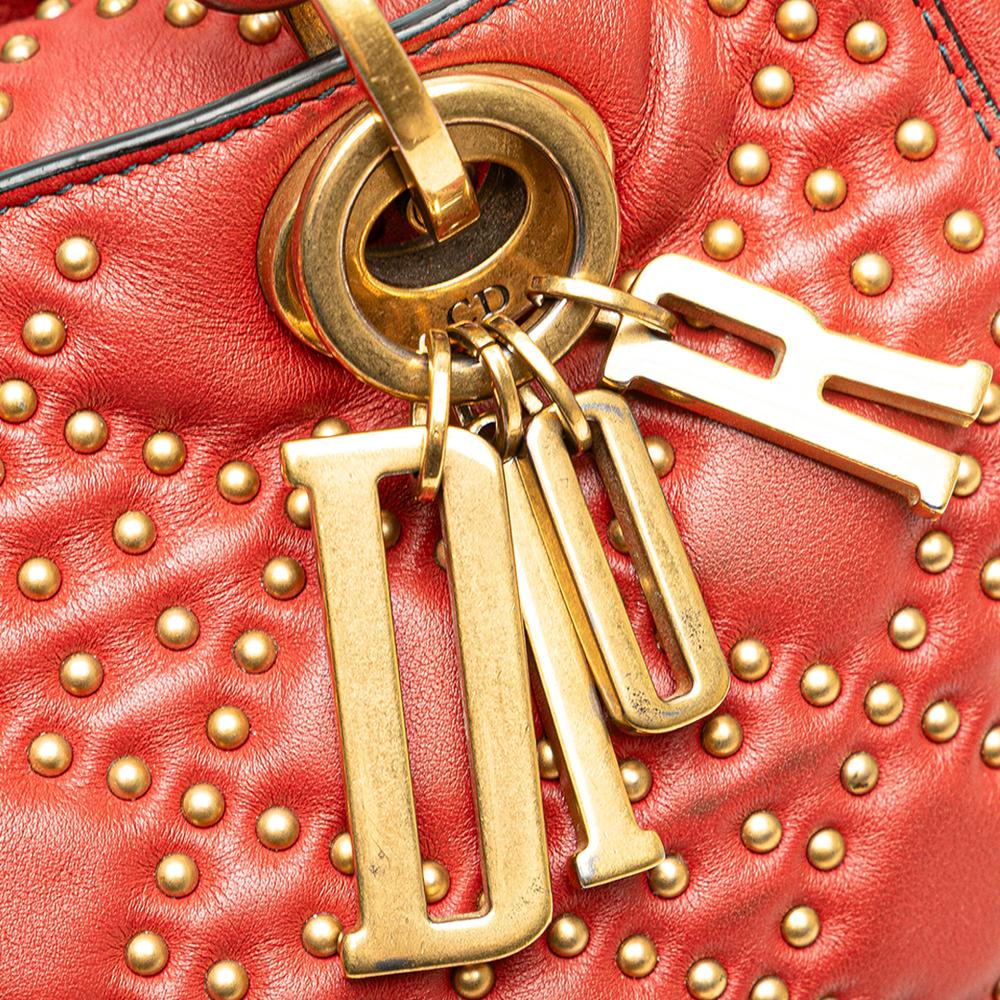 Christian Dior B Dior Red Dark Red Lambskin Leather Leather Medium Lambskin Cannage Studded Supple Lady Dior Italy