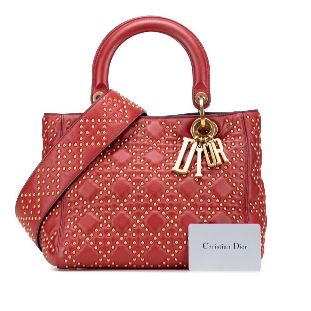 Christian Dior B Dior Red Dark Red Lambskin Leather Leather Medium Lambskin Cannage Studded Supple Lady Dior Italy