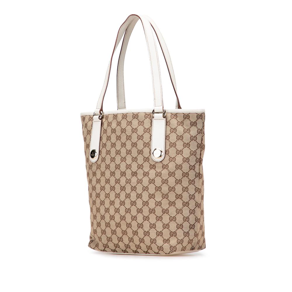 Gucci B Gucci Brown Beige with White Canvas Fabric GG Charmy Tote Italy