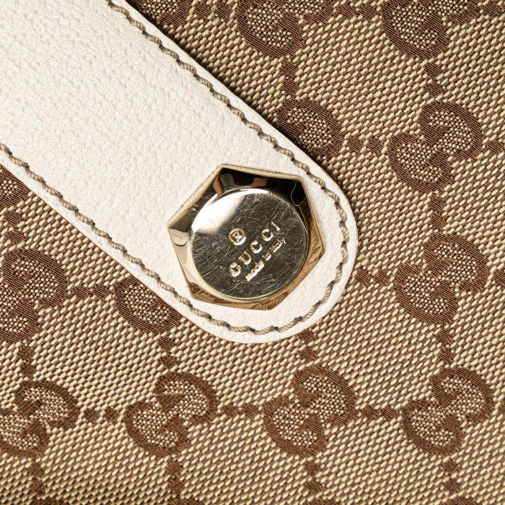 Gucci B Gucci Brown Beige with White Canvas Fabric GG Charmy Tote Italy