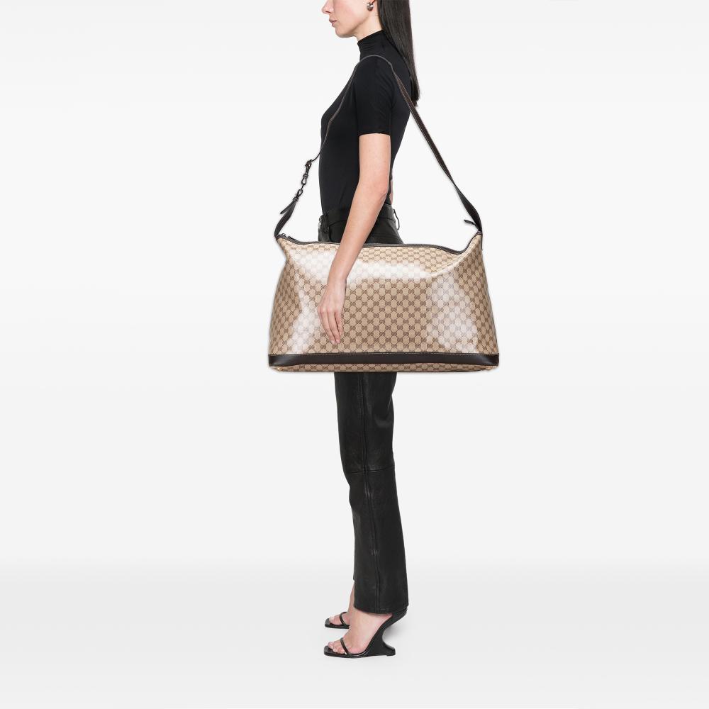 Gucci AB Gucci Brown Beige Coated Canvas Fabric XL GG Crystal Travel Bag Italy