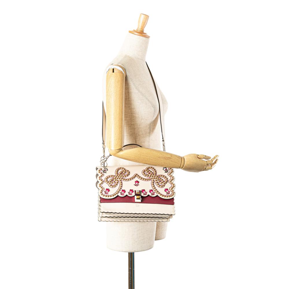 Fendi Brown Medium Vitello Liberty Lucido Flowers and Bows Scalloped Studded Kan I Satchel Italy