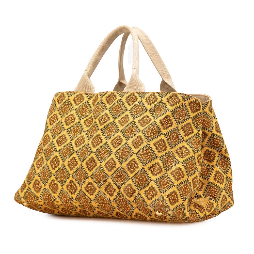 Prada B Prada Yellow Mustard Canvas Fabric Large Printed Canapa Satchel Italy
