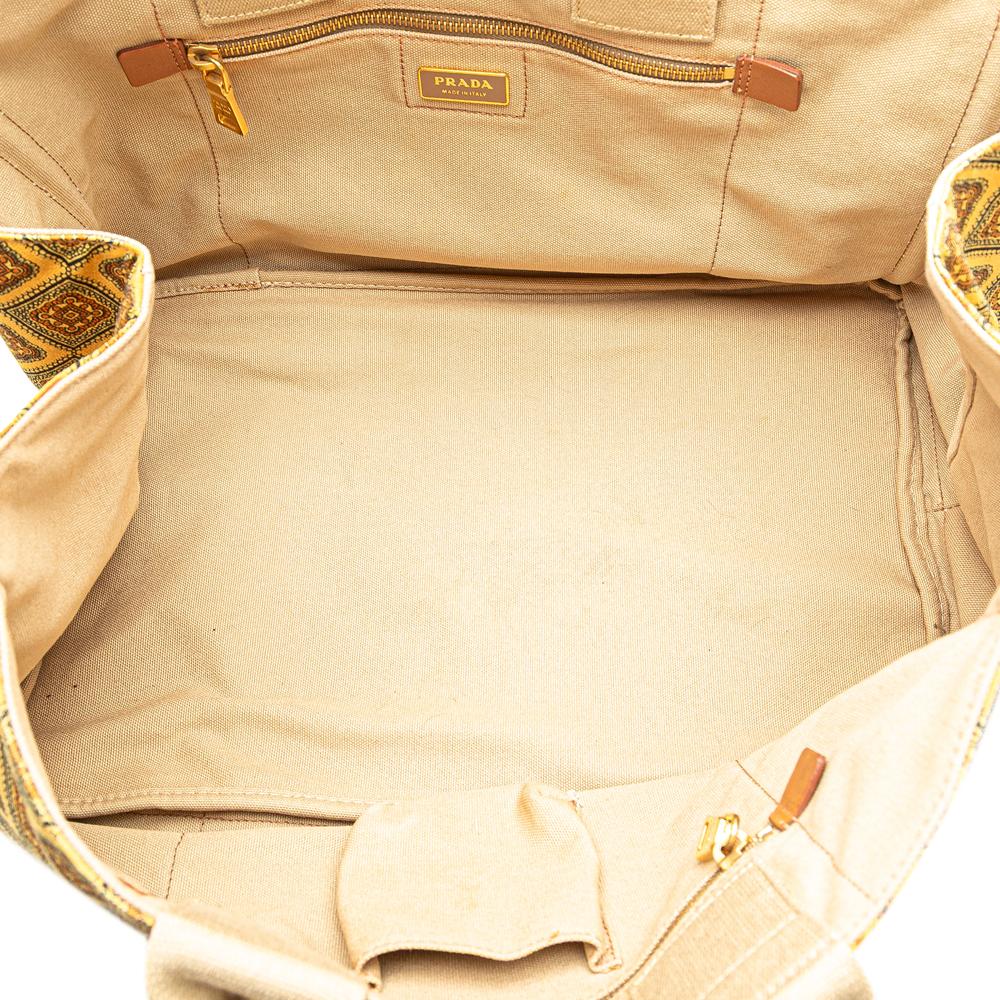 Prada B Prada Yellow Mustard Canvas Fabric Large Printed Canapa Satchel Italy