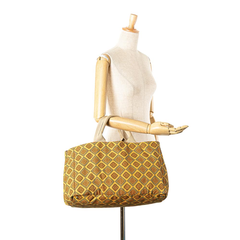 Prada B Prada Yellow Mustard Canvas Fabric Large Printed Canapa Satchel Italy