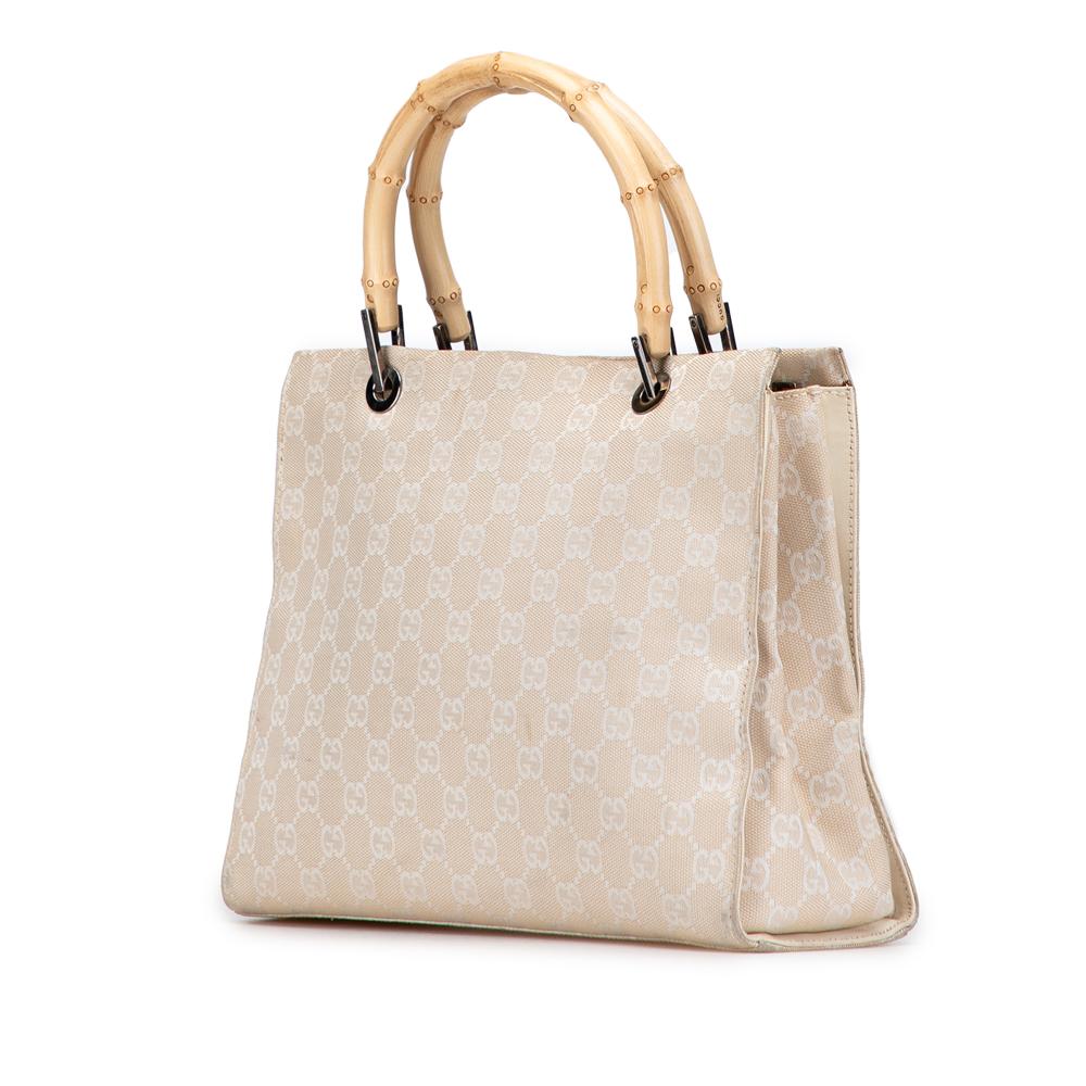 Gucci B Gucci Brown Light Beige Canvas Fabric GG Bamboo Satchel Italy
