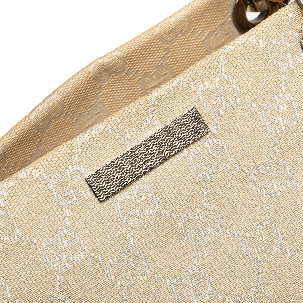 Gucci B Gucci Brown Light Beige Canvas Fabric GG Bamboo Satchel Italy