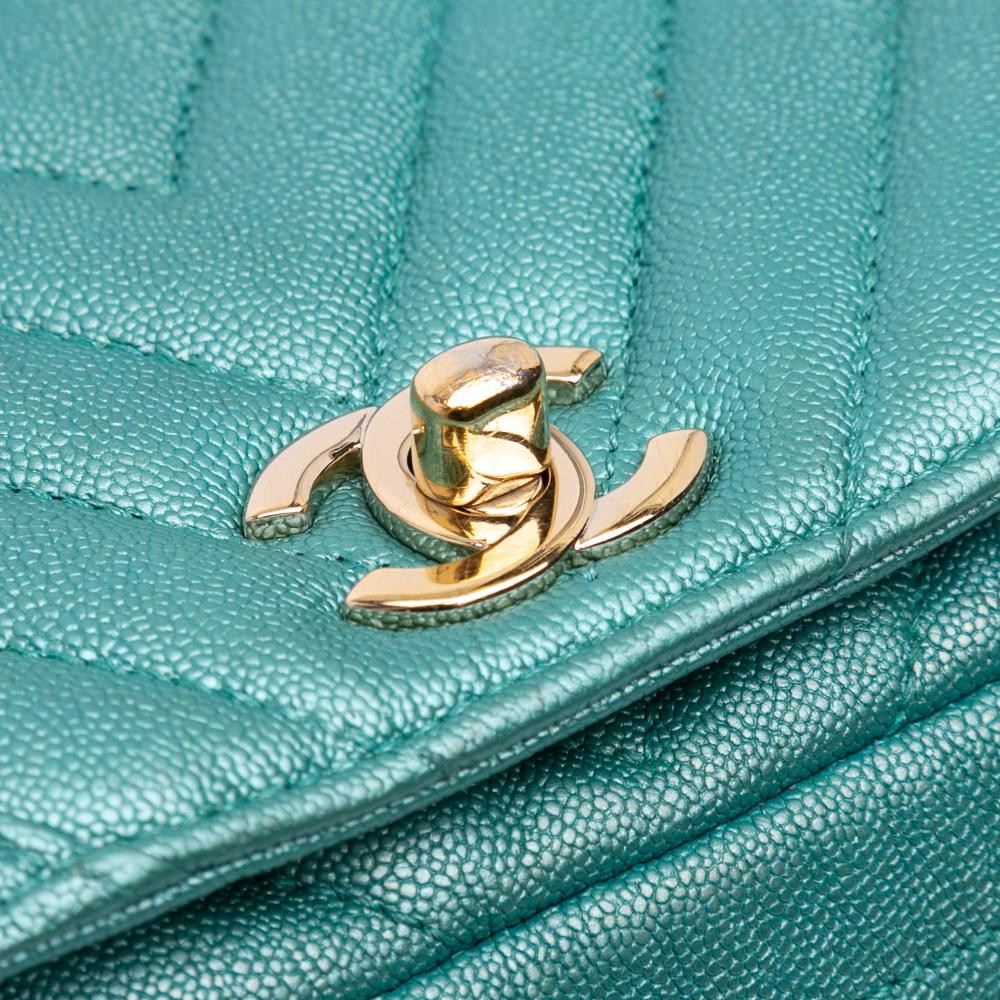 Chanel B Chanel Blue Turquoise Caviar Leather Leather Small Chevron Caviar Statement Flap France
