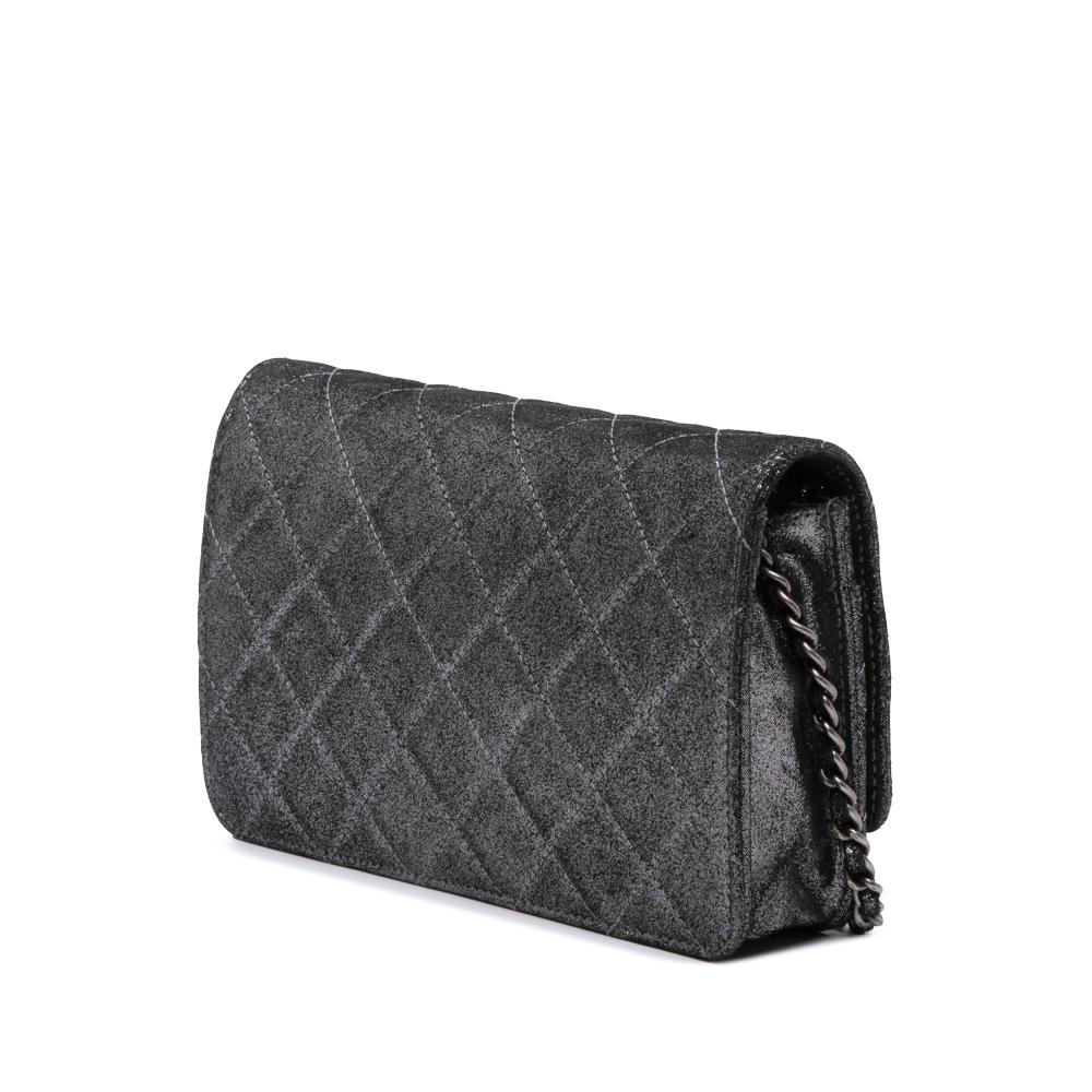 Chanel Silver Quilted Iridescent Lambskin Tartan Button Wallet On Chain Italy