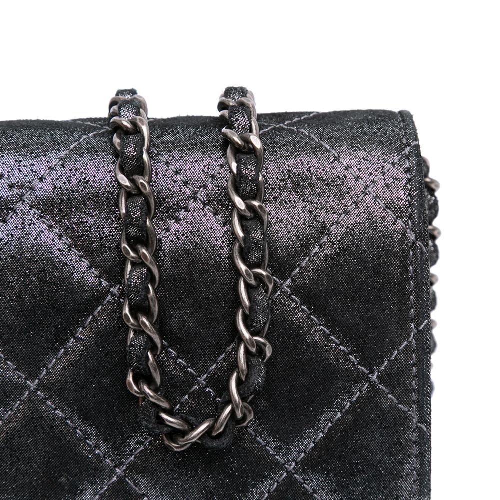 Chanel Silver Quilted Iridescent Lambskin Tartan Button Wallet On Chain Italy