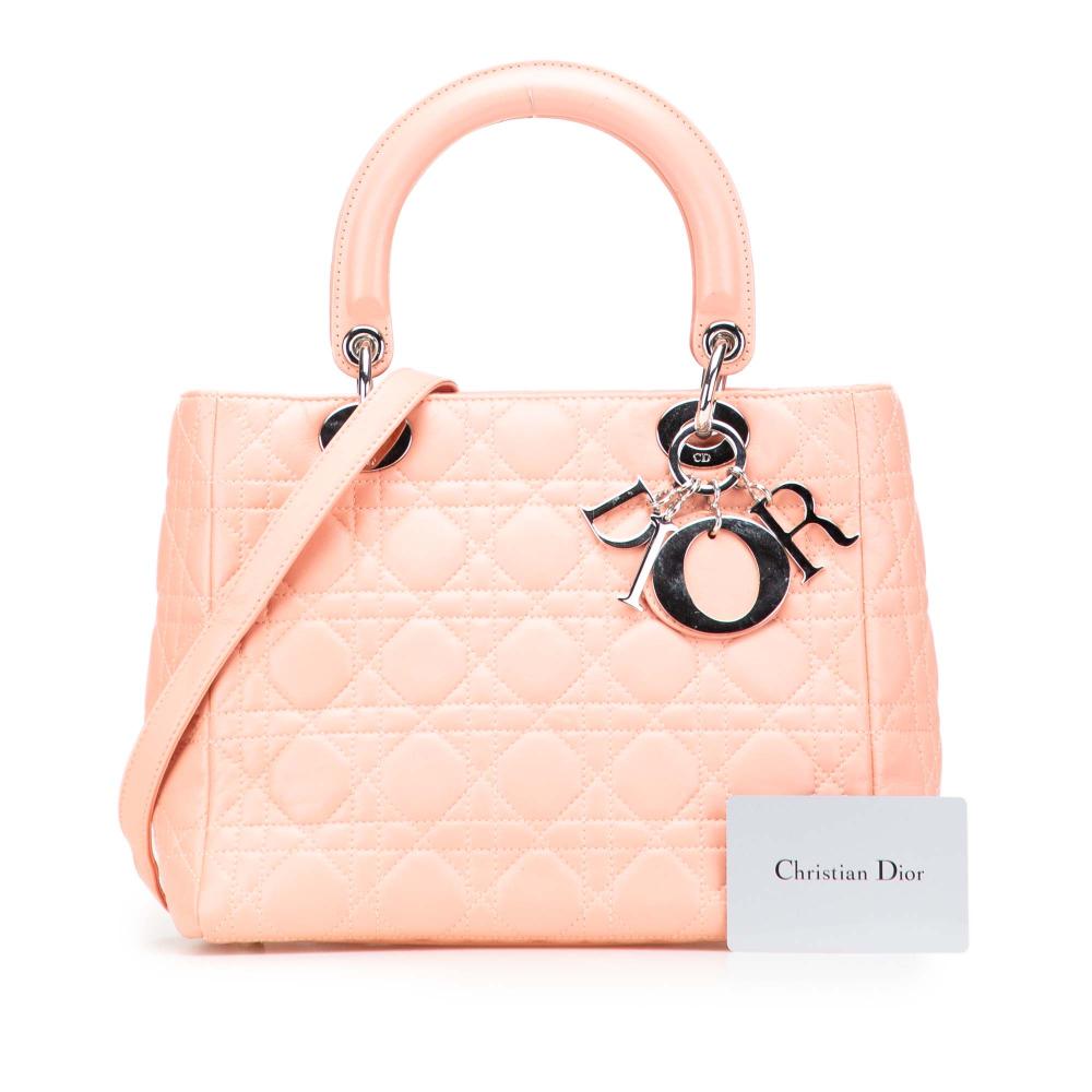 Christian Dior B Dior Pink Salmon Lambskin Leather Leather Medium Lambskin Cannage Lady Dior Italy