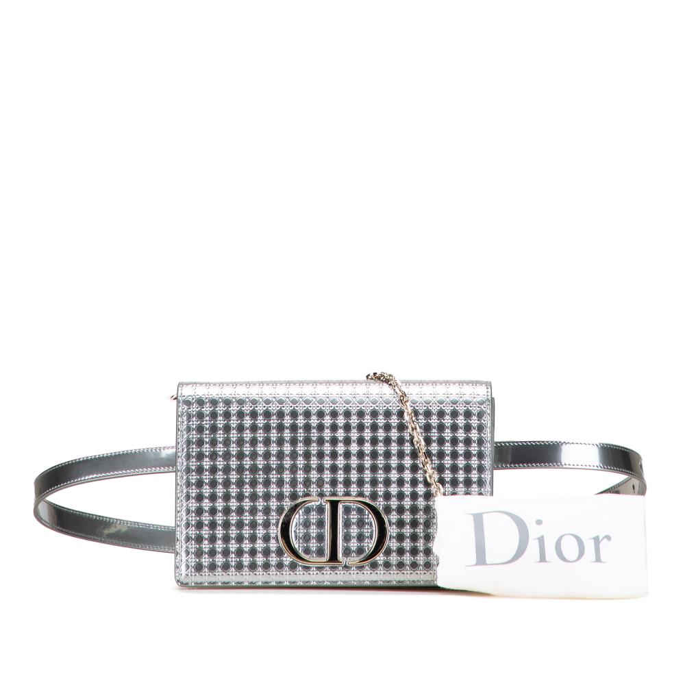 Christian Dior B Dior Silver Patent Leather Leather Metallic Patent Microcannage 2 in 1 30 Montaigne Pouch Italy