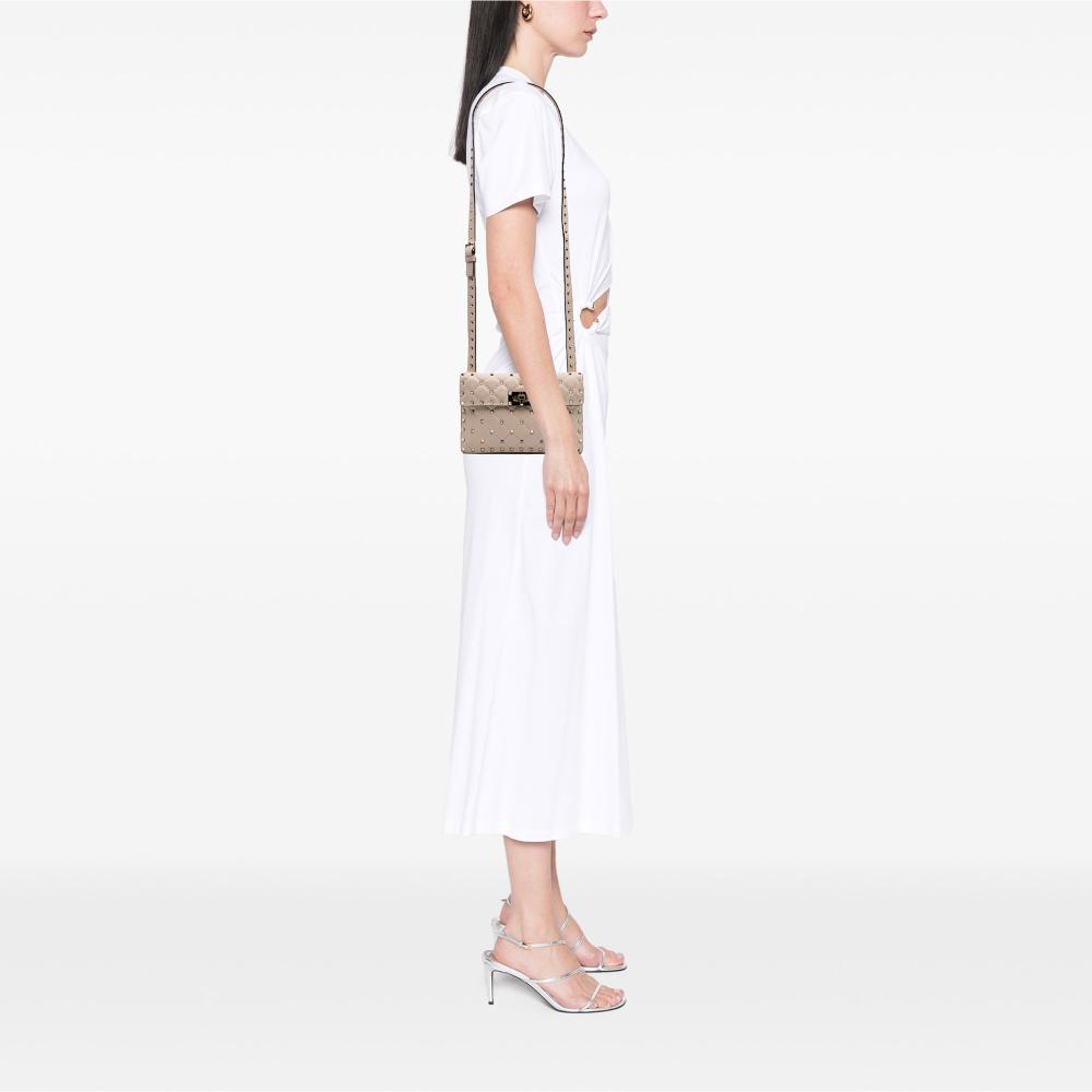 Valentino B Valentino Brown Light Beige Nappa Leather Leather Nappa Rockstud Spike Crossbody Italy