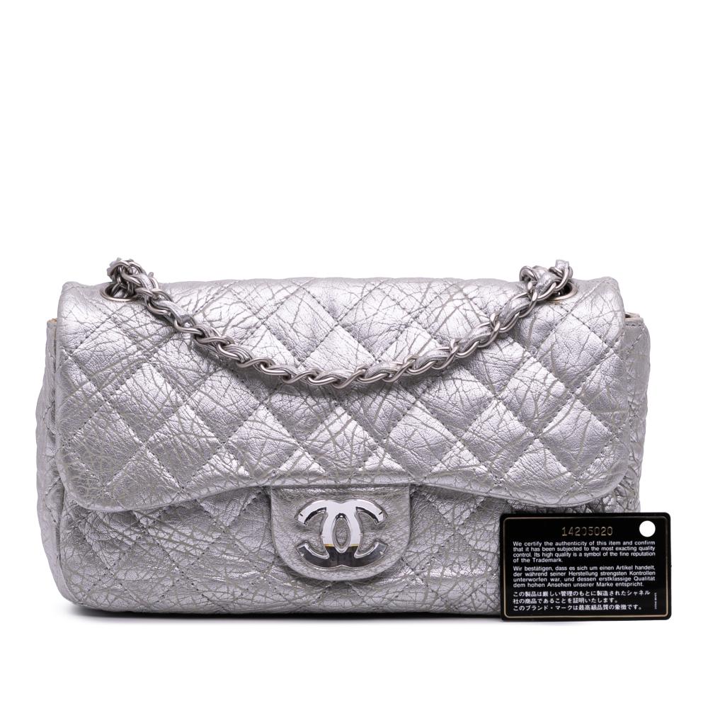 Chanel B Chanel Silver Calf Leather Quilted Aged skin On The Rocks Flap France