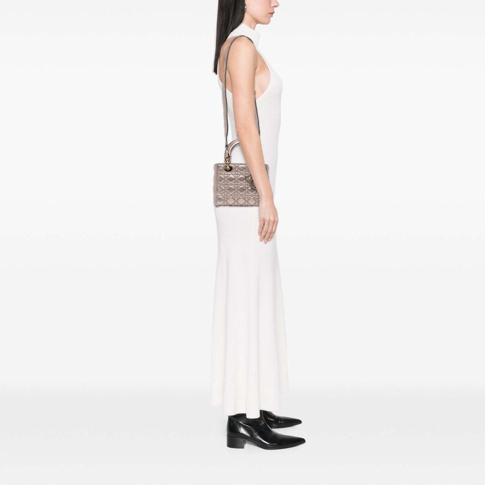 Christian Dior B Dior Gold Light Gold Calf Leather Small Metallic Grained skin Cannage Supple Lady Dior Italy