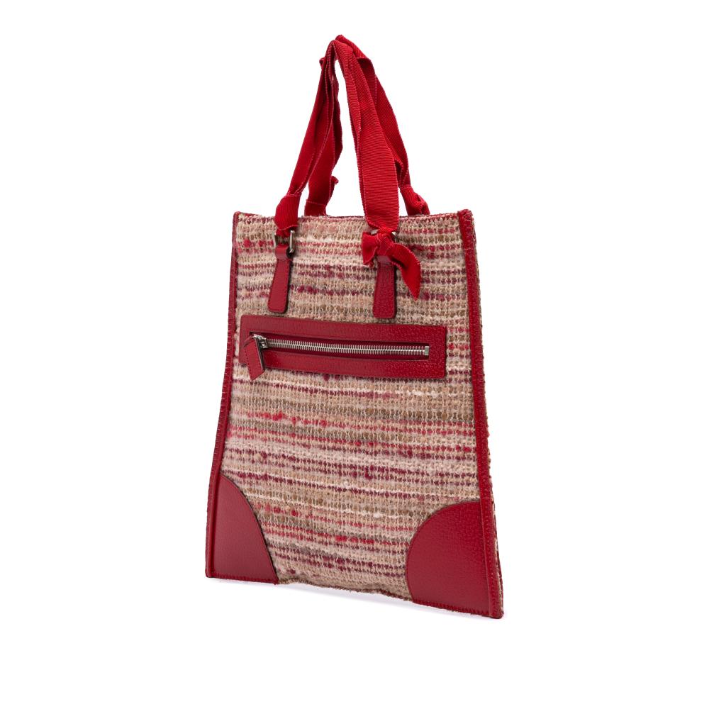 Prada B Prada Red Tweed Fabric Vitello Trimmed Flat Tote Italy
