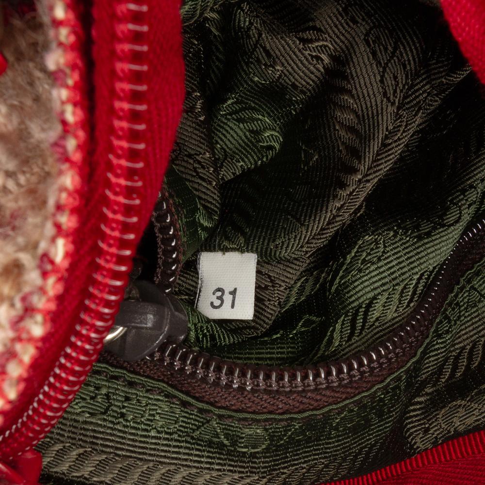 Prada B Prada Red Tweed Fabric Vitello Trimmed Flat Tote Italy