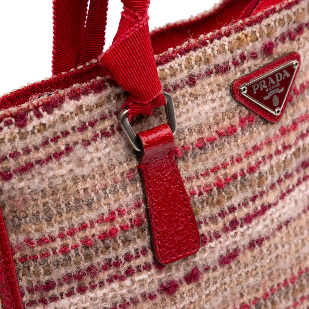 Prada B Prada Red Tweed Fabric Vitello Trimmed Flat Tote Italy