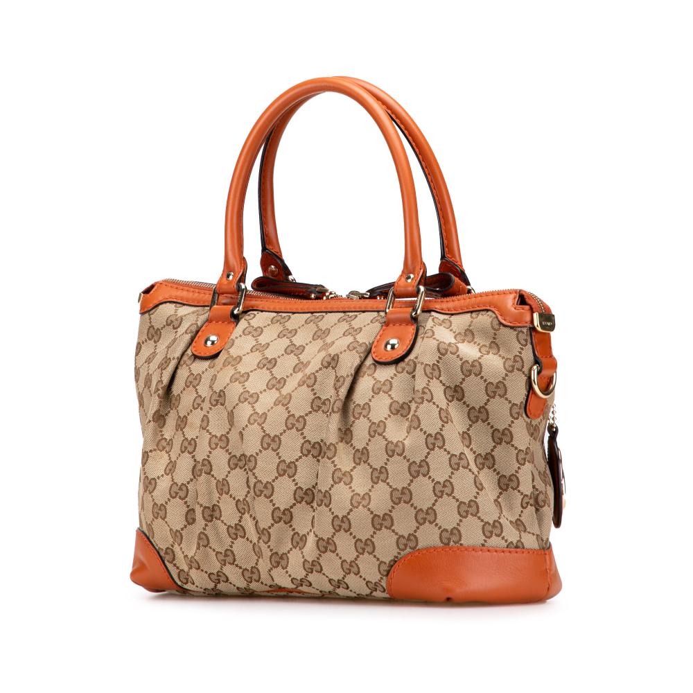Gucci B Gucci Brown Beige with Orange Canvas Fabric GG Sukey Satchel Italy