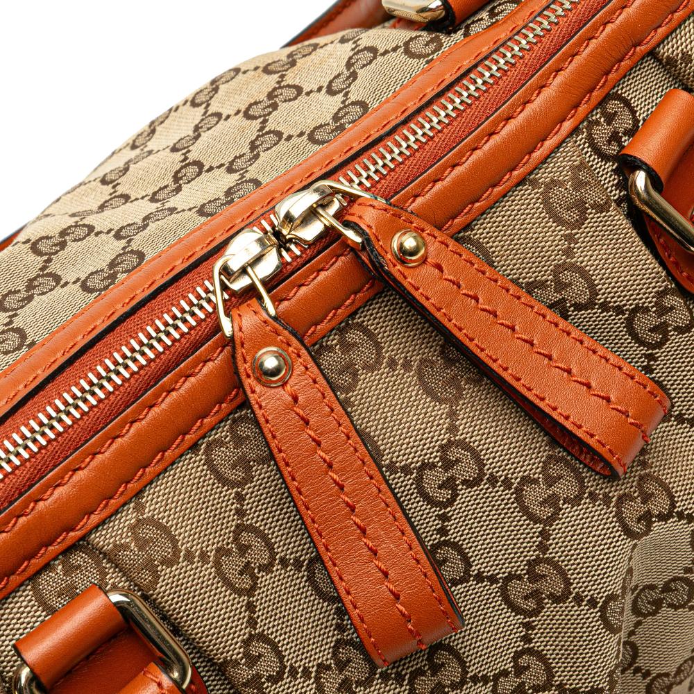 Gucci B Gucci Brown Beige with Orange Canvas Fabric GG Sukey Satchel Italy